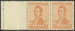 ARGENTINA: GJ.462CZ, 1918 5c. San Martín Unwatermarked WITH LABEL AT LEFT, MNH, VF And Rare! - Otros & Sin Clasificación