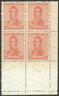 ARGENTINA: GJ.446CJ, 5c. San Martín With Horiz Honeycomb Wmk, Perf 13½, Block Of 4 WITH LABELS BELOW, MNH, Superb! Only  - Andere & Zonder Classificatie
