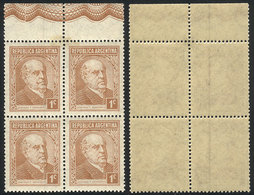 ARGENTINA: GJ.773d, 1c. Sarmiento, Block Of 4 With Variety: 2 Stamps With VERTICAL LINE WATERMARK, VF Quality, Rare! - Sonstige & Ohne Zuordnung
