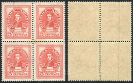 ARGENTINA: GJ.878c, 1942/52 5c. San Martín On National Unsurfaced Paper, Block Of 4 With Variety: 2 Stamps With VERTICAL - Autres & Non Classés