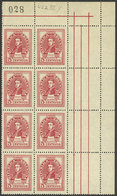 ARGENTINA: GJ.878CD, 1942/52 5c. San Martín On Unsurfaced Paper, Corner Block Of 8 Stamps + 4 Lined LABELS AT RIGHT, Exc - Autres & Non Classés