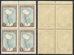 ARGENTINA: GJ.880, 1943/51 1P. Map With Antarctica, National Unsurfaced Paper, Block Of 4 With Variety: 2 Stamps With VE - Sonstige & Ohne Zuordnung