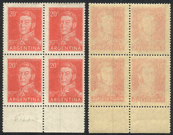 ARGENTINA: GJ.1035, 1954 20c. San Martín, Block Of 4 With Variety: 2 Stamps With VERTICAL LINE WATERMARK, VF Quality, Ra - Other & Unclassified