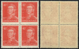 ARGENTINA: GJ.1040, 1954 40c. San Martín, Block Of 4 With Variety: 2 Stamps With VERTICAL LINE WATERMARK, VF Quality, Ra - Autres & Non Classés