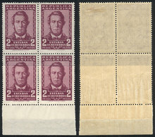 ARGENTINA: GJ.1048, 1954/7 2P. Echeverría, Block Of 4 With END-OF-ROLL DOUBLE PAPER Variety, Excellent And Rare! - Autres & Non Classés