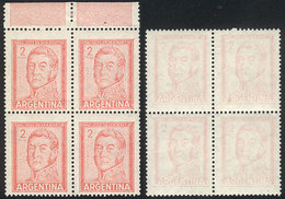 ARGENTINA: GJ.1132, Block Of 4 With SOFT IMPRESSION Variety (very Little Ink), And Another One With DRY IMPRESSION (virt - Autres & Non Classés