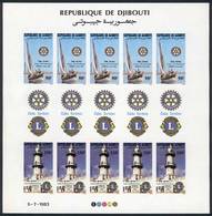 DJIBOUTI: Sc.C182/3, 1983 Rotary And Lions, Boat, Lighthouse, Complete IMPERFORATE Sheet, Rare. Excellent Quality (with  - Djibouti (1977-...)