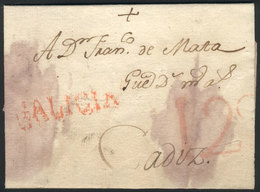 SPAIN: 30/JUN/1787 CORUÑA - Cádiz: Very Old Entire Letter (with Some Spots Due To Humidity), With Red GALICIA And 12c Ma - Autres & Non Classés