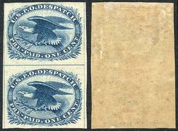 UNITED STATES: Sc.LO2, 1851 Eagle 1c. Blue, Beautiful Vertical Pair, The Lower Stamp MNH, Very Fine Quality, Catalog Val - Altri & Non Classificati