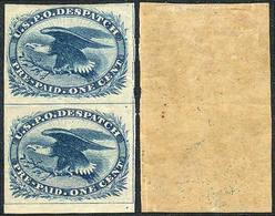 UNITED STATES: Sc.LO2, 1851 Eagle 1c. Blue, Beautiful Vertical Pair, The Lower Stamp MNH, Very Fine Quality, Catalog Val - Otros & Sin Clasificación