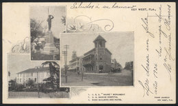 UNITED STATES: KEY WEST, FL: PC Showing Views Of Maine Monument, Marine Hospital, Bank Building And Hotel, Sent From CUB - Sonstige & Ohne Zuordnung