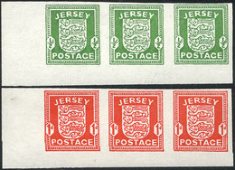 GREAT BRITAIN - JERSEY: Sc.N1a + N2a, 1941/2 The Set Of 2 Values In IMPERFORATE Strips Of 3, Both With Sheet Corner And  - Bezetting 1938-45