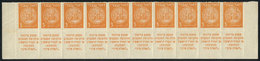 ISRAEL: Yvert 1D, 1948 3m. Ocher, Rouletted, Strip Of 10 With Tabs (lower Part Of The Sheet), MNH, Excellent Quality, Ca - Other & Unclassified