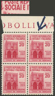 ITALY - REPUBBLICA SOCIALE ITALIANA: Yvert 33, 1944/5 20c., Block Of 4, One With SOCIAIE Variety, MNH, Excellent Quality - Mint/hinged