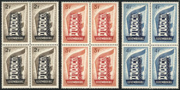 LUXEMBOURG: Yvert 514/516, 1956 Topic Europa, Cmpl. Set Of 3 Values In Blocks Of 4, VF Quality, With Tiny And Barely Vis - Other & Unclassified