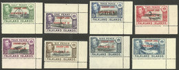 FALKLAND ISLANDS/MALVINAS: Yvert 9/16, 1944 Cmpl. Set Of 8 Overprinted Values, Sheet Corner, MNH (with Hinge Mark In The - Islas Malvinas