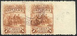 NICARAGUA: Sc.40, 1892 1c. Colombus, Pair IMPERFORATE VERTICALLY, Excellent And Rare! - Nicaragua