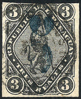 PARAGUAY: Sc.6, 1878 5c. On 3R. Black, Blue Overprint, Minor Defect, Very Good Appeal, Very Rare! - Paraguay