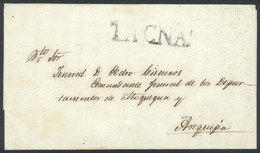 PERU: Circa 1825, Undated Folded Cover Sent To Arequipa, Large-size TACNA Mark (42 X 10.5 Mm) In Black, Excellent Qualit - Peru