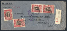 PERU: Spectacular Postage Of 40 Soles (Sc.C39 X4) On A Registered Airmail Cover Sent From Lima To England On 3/MAR/1938, - Pérou