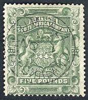 RHODESIA: Sc.18, 1890/4 5£ Yellow-green, Postally Used, Excellent Quality, With An Expertization Mark Georg Senf - Leipz - Autres & Non Classés