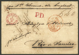 SWITZERLAND: 3/JUN/1852 Zurich - Rio De Janeiro: Folded Cover Sent Via England, With Red Marks ZÜRICH - NACHMITTAG (3/JU - Autres & Non Classés