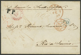 SWITZERLAND: 3/FE/1853 St. Gallen - Rio De Janeiro: Folded Cover Sent Via Southampton, With Red Marks: ST. GALLEN - NACH - Autres & Non Classés