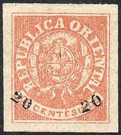 URUGUAY: Sc.28, 1866 20 On 6c. Brick Red, Mint Full Original Gum, Lightly Hinged, Excellent Quality! - Uruguay