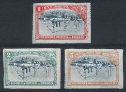 URUGUAY: Sc.174a + 175a + 176a, 1908 Cruiser Montevideo, Complete Set Of 3 Values With CENTERS INVERTED Variety, VF Qual - Uruguay