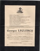 VP14.293  THUMESNIL 1919 - Faire - Part De Décès De Mr Georges LECLERCQ Décoré De La Croix De Guerre Avec Deux Citations - Décès