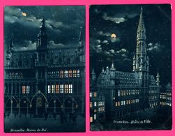 2 Cp Bruxelles La Nuit - Lune - Maison Du Roi - Hôtel De Ville - Mairie - Animée - 1907 - Bruselas La Noche