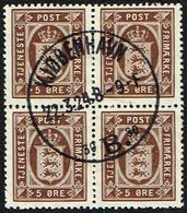 1923. Official. 5 Øre Brown. Perf. 14x14½, Wm. Multiple Crosses 4-block KJØBENHAVN 22... (Michel D15) - JF160919 - Service