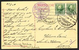 1907. King Frederik VIII. 5 Øre Green  In Pair With Perfin M. On Postcard To Siam.. C... (Michel 53) - JF104216 - Covers & Documents