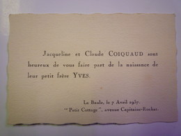 2019 (2)  FAIRE-PART De NAISSANCE De  Yves  COIQUAUD  (La Baule Le 7 Avril 1937  "Petit Cottage")   - Naissance & Baptême