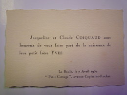 2019 (2)  FAIRE-PART De NAISSANCE De  Yves  COIQUAUD  (La Baule Le 7 Avril 1937  "Petit Cottage")   - Birth & Baptism