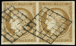 EMISSION DE 1849 - 1b   10c. Bistre-VERDATRE, PAIRE Oblitérée GRILLE, TB. C - 1849-1850 Ceres