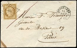 Let EMISSION DE 1849 - 1    10c. Bistre Jaune Obl. PC 83 S. Env., Càd T15 ANGOULEME 14/8/54, Au Verso Càd PARIS POSTE RE - 1849-1850 Ceres