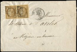 Let EMISSION DE 1849 - 1    10c. Bistre Jaune, PAIRE Obl. GRILLE S. LAC, Càd T15 ORLEANS 24/11/50, TB, Cote Maury - 1849-1850 Ceres