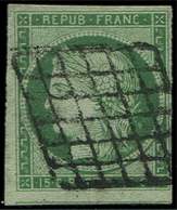 EMISSION DE 1849 - 2    15c. Vert, Oblitéré GRILLE, Filet De Voisin En Bas, TB - 1849-1850 Ceres