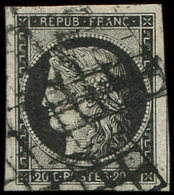 EMISSION DE 1849 - 3a   20c. Noir Sur Blanc, Grandes Marges, Amorce De Voisin à Droite, Obl. GRILLE, TTB - 1849-1850 Ceres