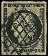 EMISSION DE 1849 - 3f   20c. Noir S. Teinté, Obl. GRILLE, TTB N° Maury - 1849-1850 Ceres