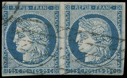 EMISSION DE 1849 - 4    25c. Bleu, PAIRE Obl. GRILLE Sans FIN Court Au Filet, TB - 1849-1850 Ceres