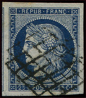 EMISSION DE 1849 - 4a   25c. Bleu Foncé, Marges énormes, Filet De Voisin à Gauche, Obl. GRILLE, Superbe - 1849-1850 Ceres