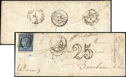 Let EMISSION DE 1849 - 4    25c. Bleu, Obl. GRILLE S. Env., Càd T15 ABBEVILLE 4/3/51, "affrt Insuff." Et Taxe 25 DT, TB - 1849-1850 Ceres