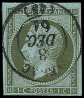 EMPIRE NON DENTELE - 11    1c. Olive, Obl. Càd T15 NERAC 8/12/61, TB - 1853-1860 Napoleon III