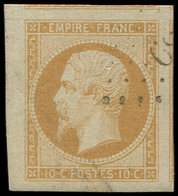 EMPIRE NON DENTELE - 13A  10c. Bistre, T I, Nuance Pâle, Marges énormes, Petit Bdf Et Amorce De 3 Voisins, Obl. PC Léger - 1853-1860 Napoléon III.