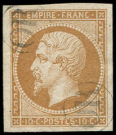 EMPIRE NON DENTELE - 13A  10c. Bistre, Obl. OR 2 Fois, Belles Marges, TTB/Superbe - 1853-1860 Napoleone III