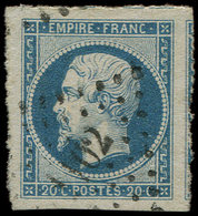 EMPIRE NON DENTELE - 14A  20c. Bleu, T I, Marges énormes, Voisin à Droite, Obl. PC 1102, Superbe - 1853-1860 Napoleone III