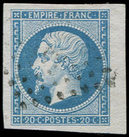 EMPIRE NON DENTELE - 14B  20c. Bleu, T II, Petit Bdf, Obl. Légère, Effigie Dégagée, Superbe - 1853-1860 Napoléon III