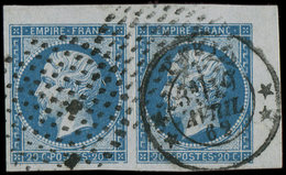 EMPIRE NON DENTELE - 14B  20c. Bleu T II, PAIRE Petit Cdf, Obl. RONDS De POINTS Et Càd ** PARIS ** 19/4/62, Superbe - 1853-1860 Napoléon III.